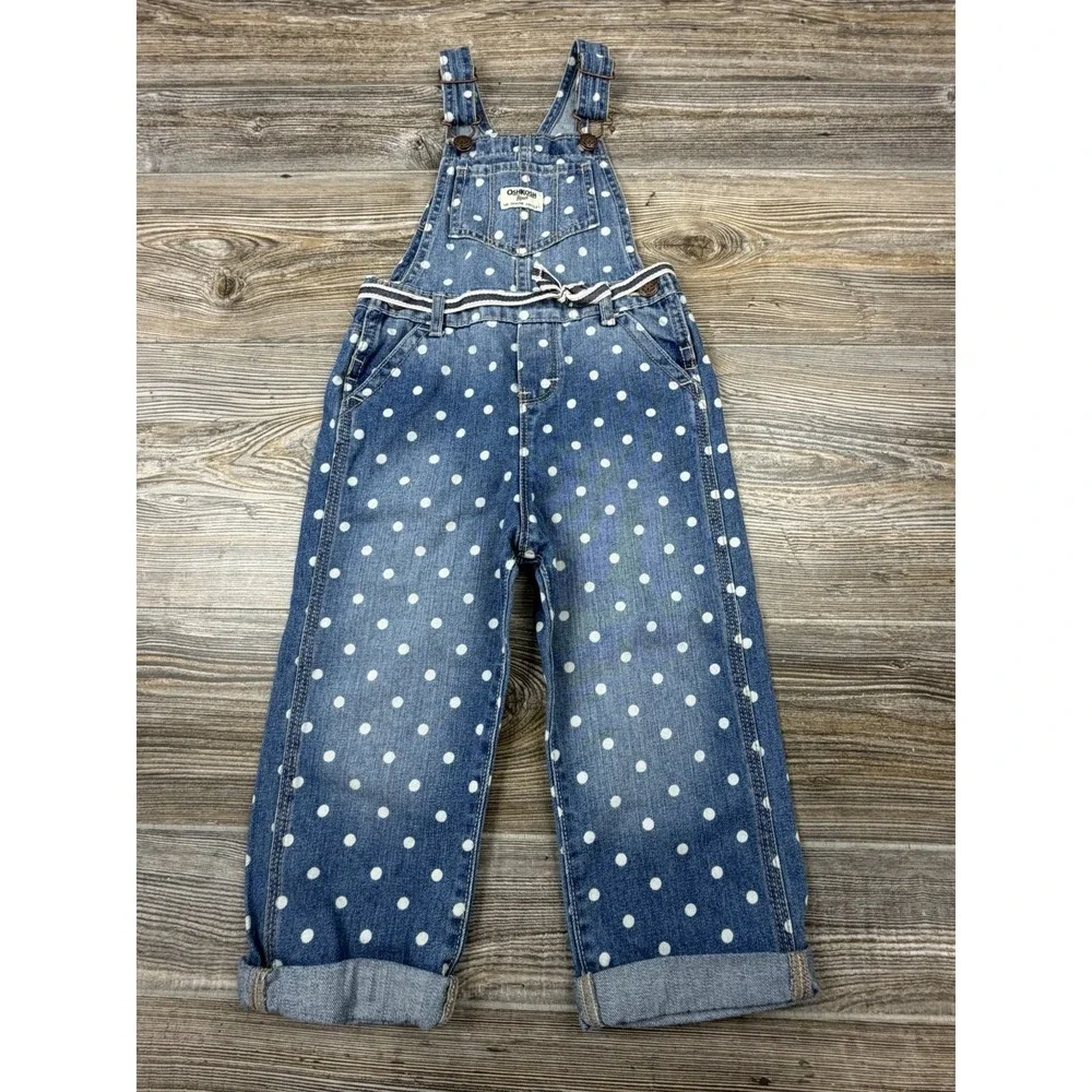 Oshkosh B'Gosh Denim Blue White Polka Dot Overalls Girls 4T Vestpak One-Piece